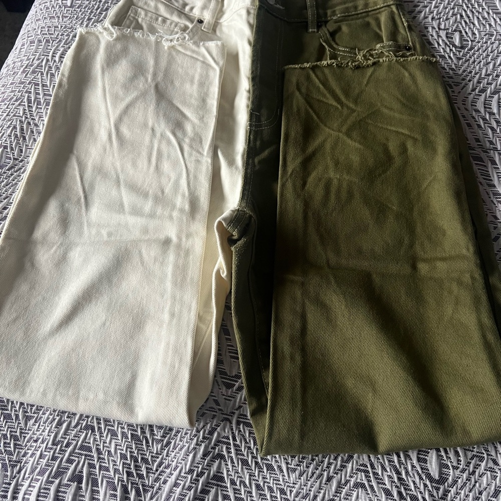 Two-Tone Cream and Green Jeans